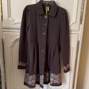 Chocolate Brown Lace-Embroidered Accent Fleece Coat/Duster by Green Dragon